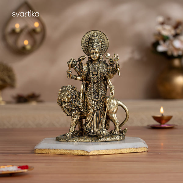 Brass Standing Durga Maa Murti with Lion ( 6 Inch)