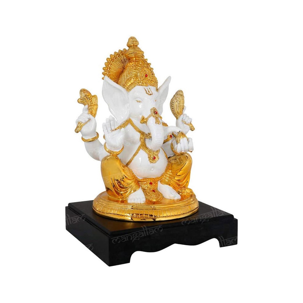 24K Gold Plated White Lord Ganesha Idol with Wooden Base (8 Inch)