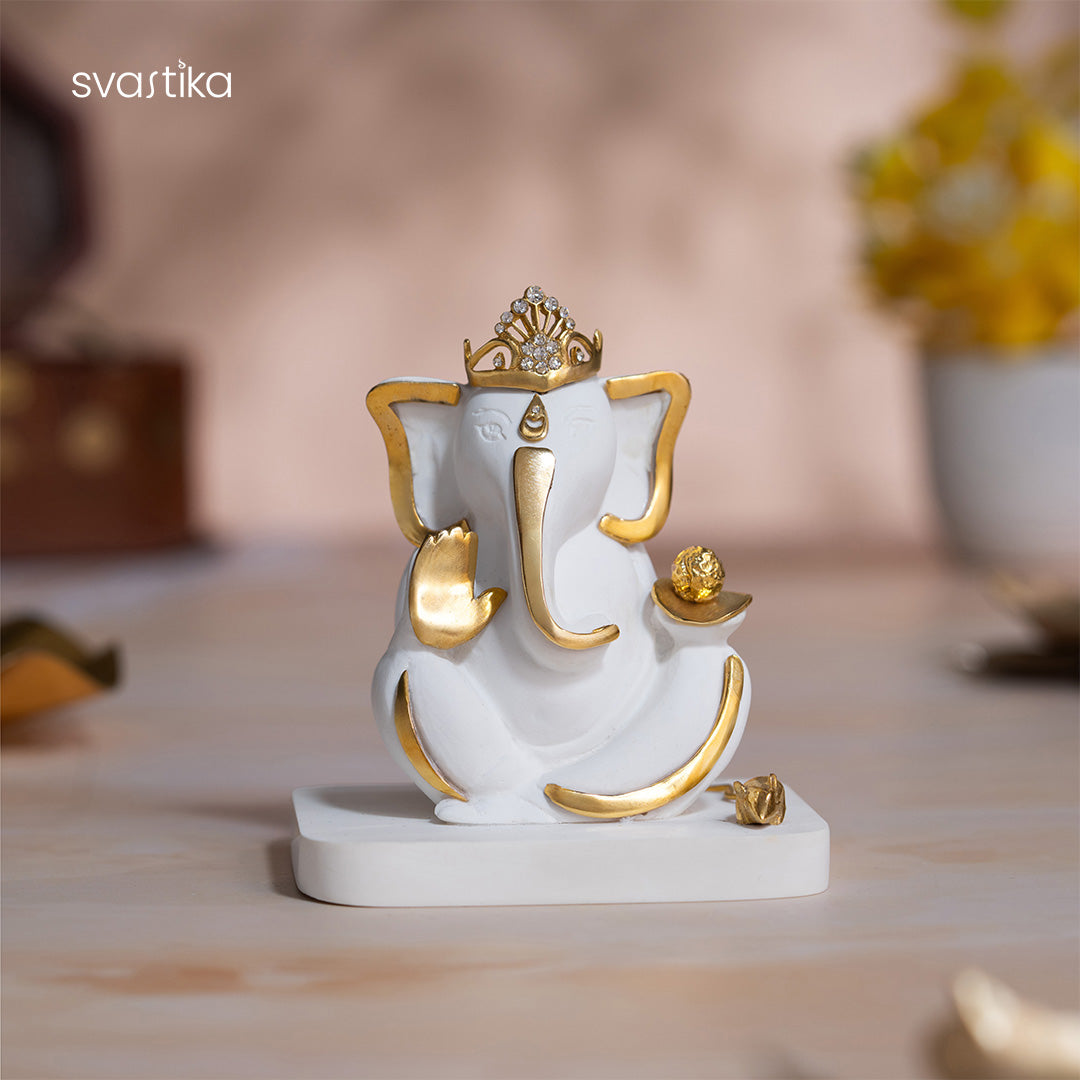 White & Gold Mukut Ganesh Idol For Car Dashboard 