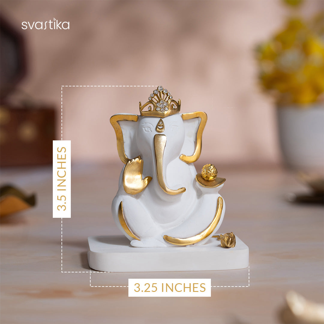 White & Gold Mukut Ganesh Idol For Car Dashboard 