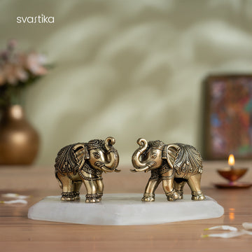 Brass Vastu Trunk Up Brass Elephant Statue Pair 