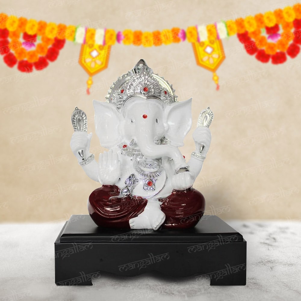 White & Red Ganesha Idol with Wooden Base - 9.5 Inch