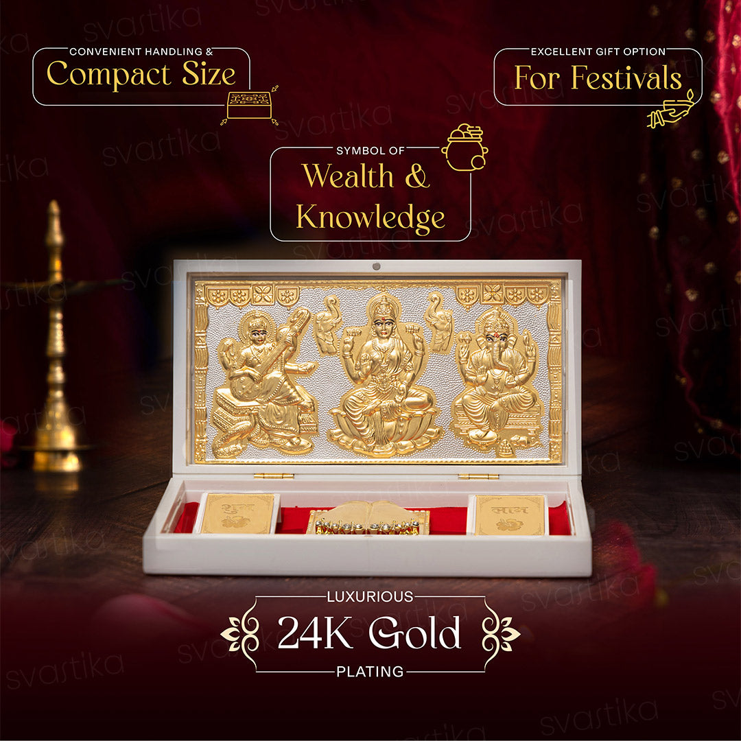 Svastika Ganesh Lakshmi Saraswati Pocket Temple - Gold Coated (Small)