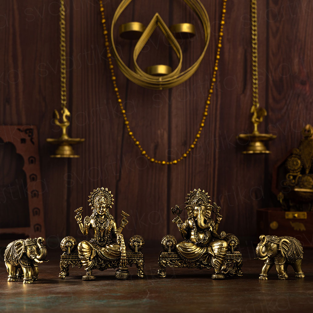 Lord Ganesha & Mata Lakshmi with Elephants Idol Set | Brass
