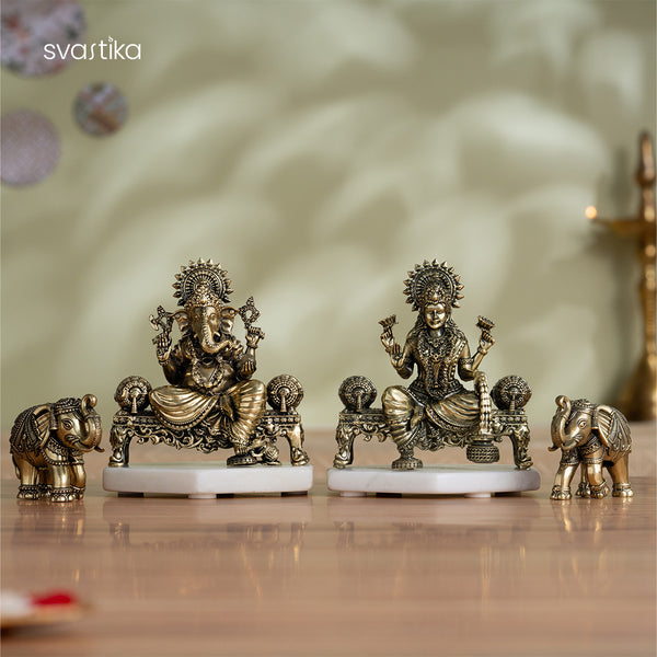 Brass Ganesh Lakshmi Elephant Pair Statue Set