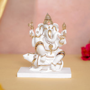 Elegant White & Gold Lord Ganesha With Mushak (6.5 Inch)