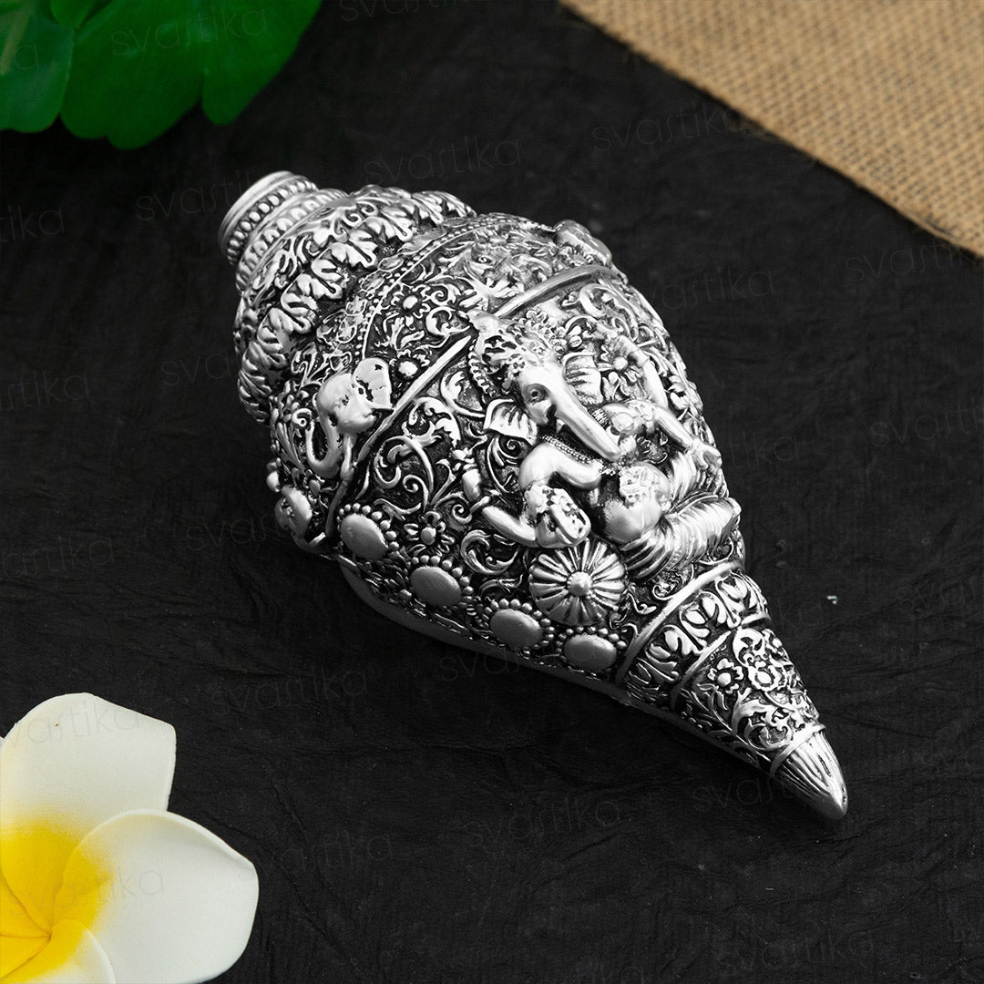 Antique Ganesh Shankh (Conch) 999 Silver Plated | Best for Gifting, Pooja & Decor Showpiece