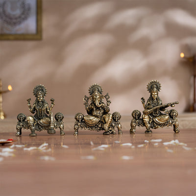 Brass Laxmi Ganesh Saraswati Murti Set (4 Inch)