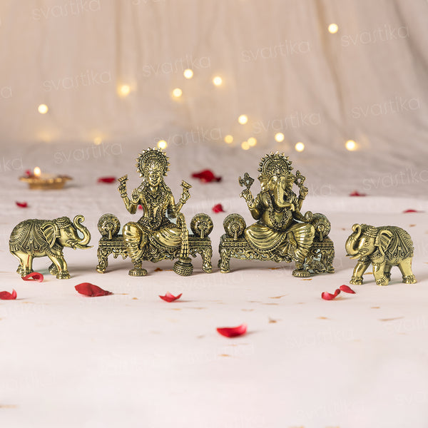 Brass Ganesh Lakshmi Elephant Pair Statue Set