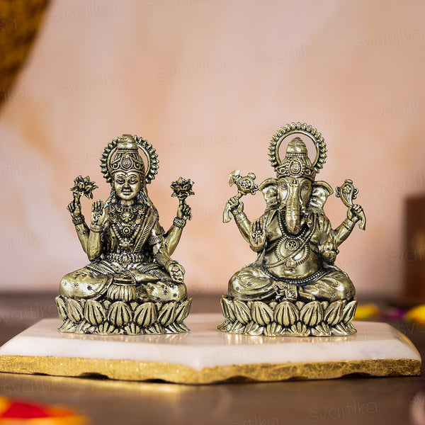 Brass Lakshmi Ganesh Murti On Lotus (3 Inch)