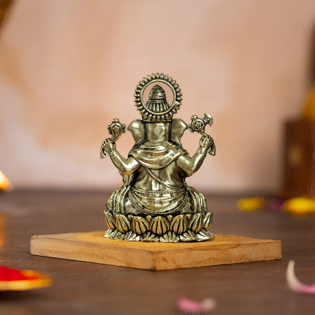 brass Ganesha Sitting on Lotus murti