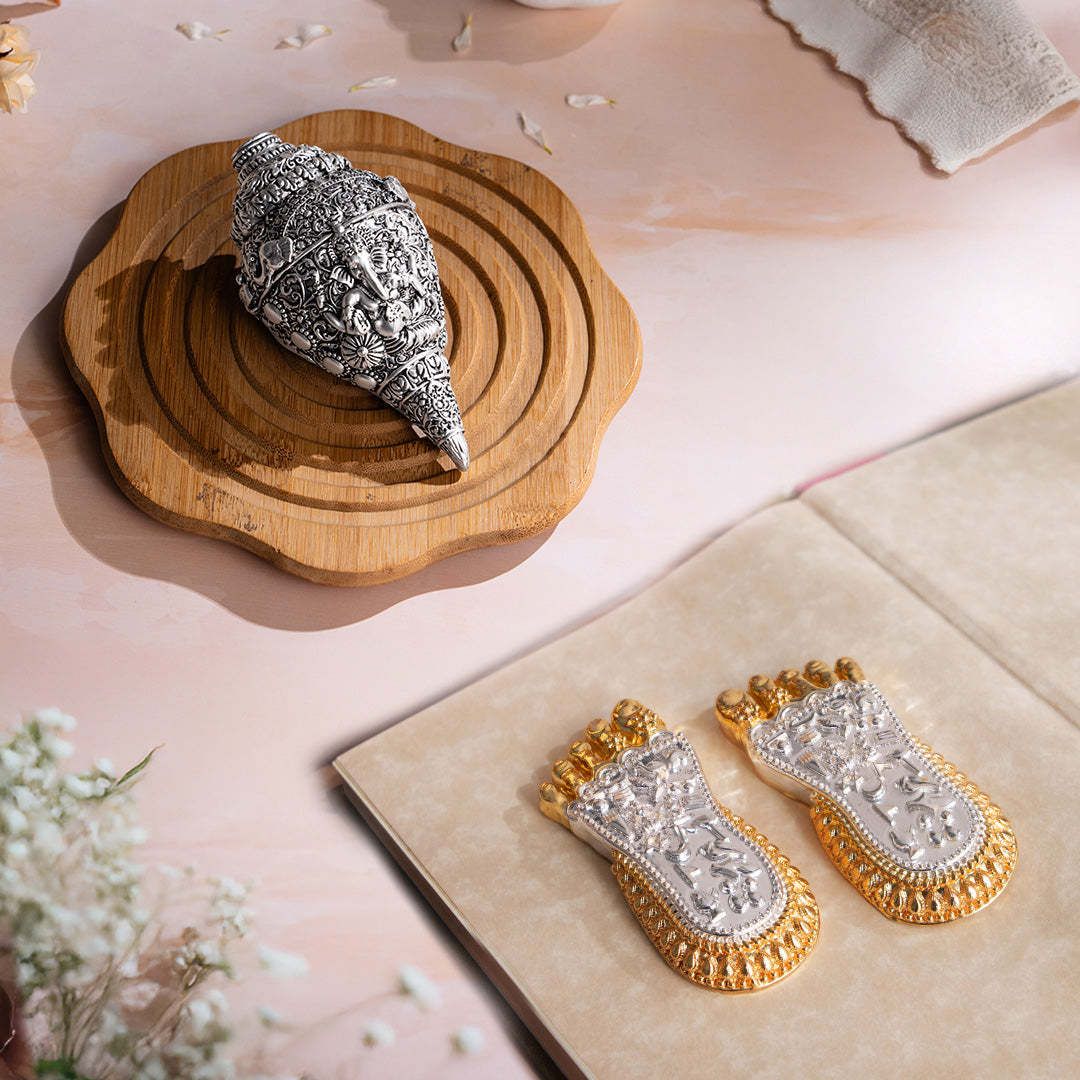 Ganesh Shankh (Conch) - Silver Plated & Maa Lakshmi's Charan Paduka - Gold & Silver Plated – Combo