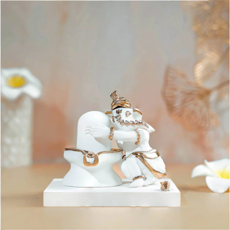 Luxurious White & Gold Gajanana idol With Shivling - 4 Inch Home Decor