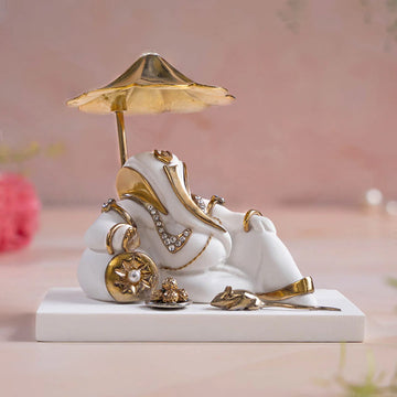 Resting Ganesh Idol With Umbrella For Car Dashboard -Gold Plated (4 Inch)