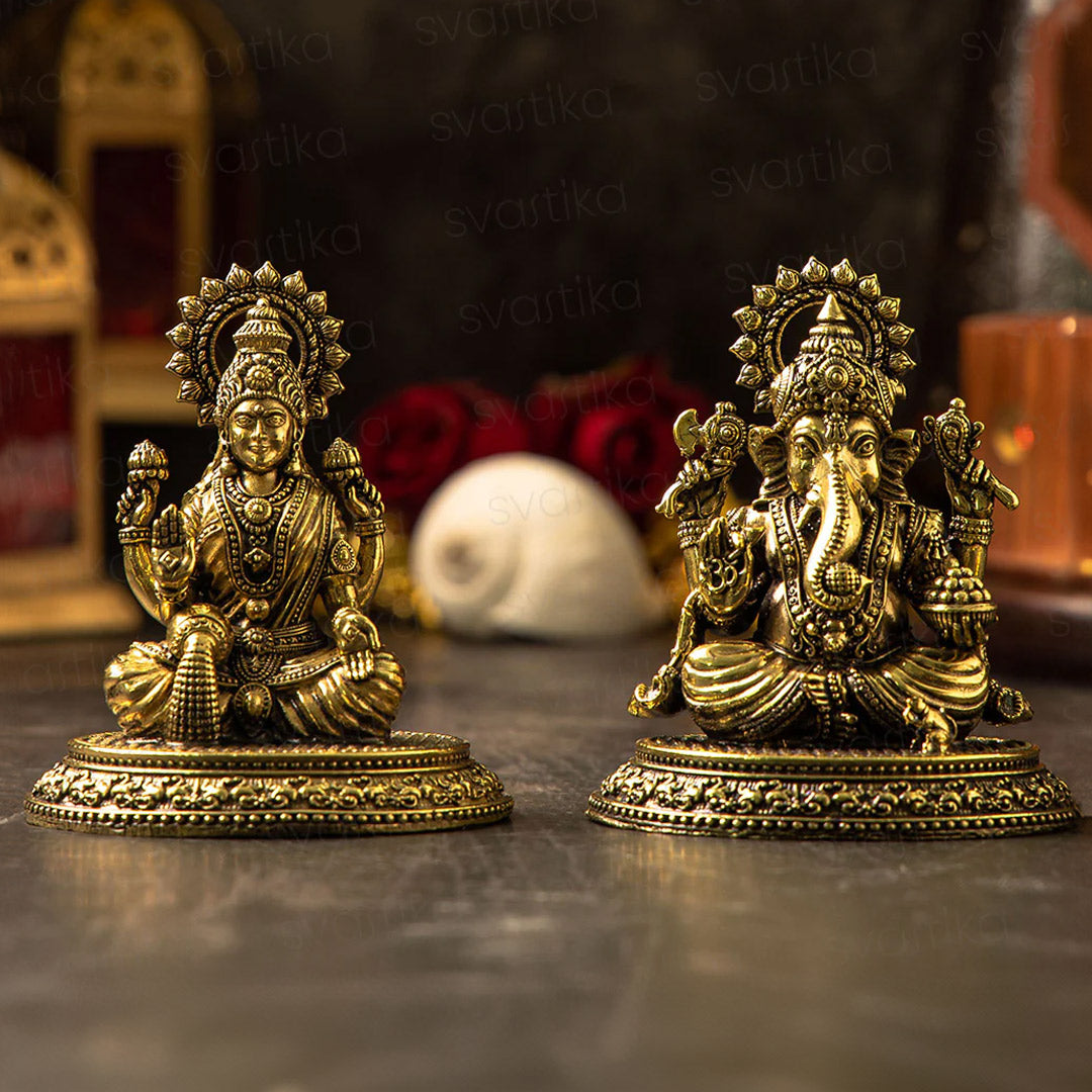 Brass Four- Armed Lakshmi Ganesh Murti Pair | 4" Lovely Idol Set | Ideal for Daily Pooja Rituals & Gifting