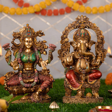 Svastika Ganesh Lakshmi Murti Pair (Antique Finish) - 10 Inch