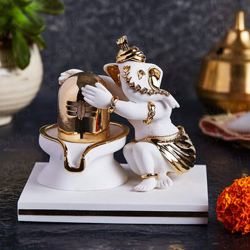 24K Gold Plated Ganesha Hugging Shivling Marble Dust Idol