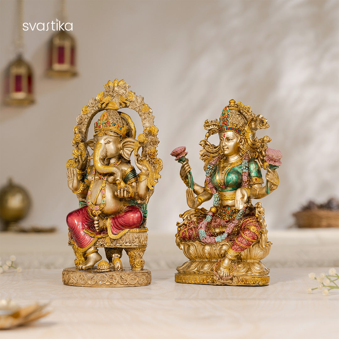 Ganesh Lakshmi Murti With Antique Finish Pair 