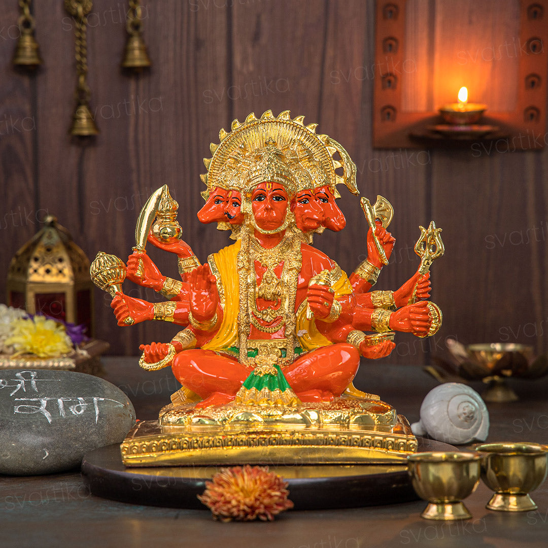 Panchmukhi Hanuman Statue With Orange Enamel - Gold Plated (8 Inch)