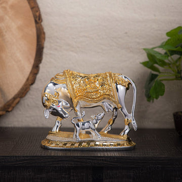 Vastu Kamdhenu Cow with Calf Idol | Gold & Silver Plated