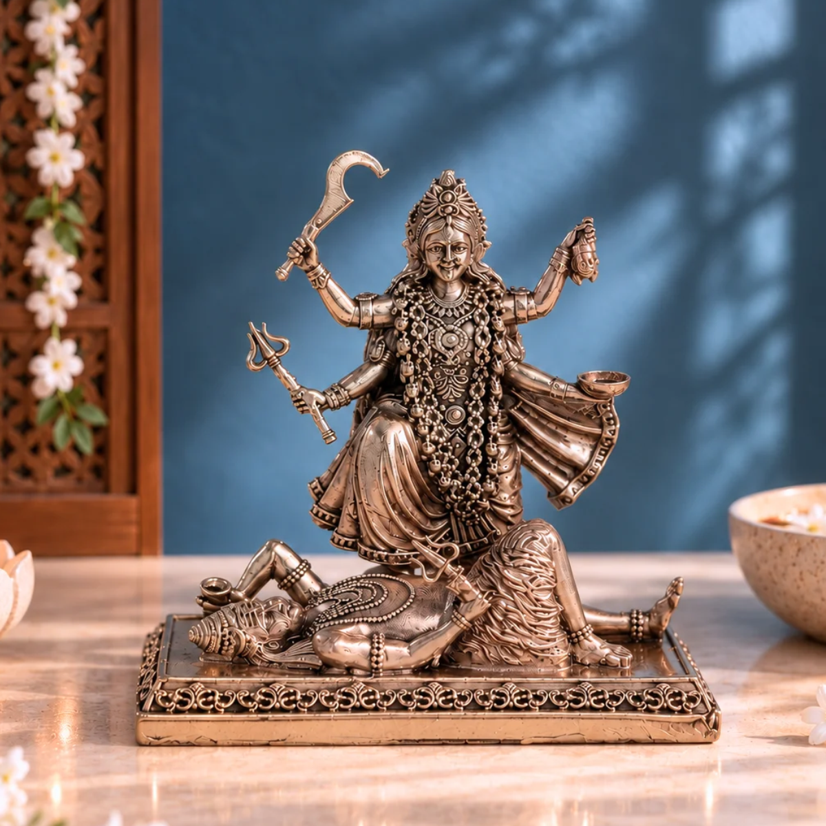 Brass Kali Maa Murti Standing on Lord Shiva (4 Inch)