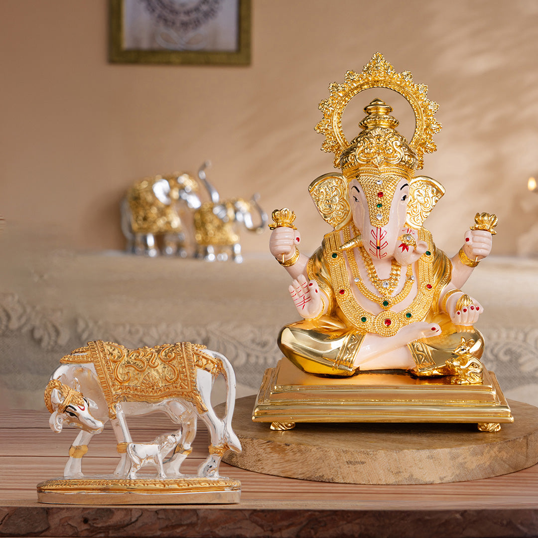 Kamdhenu Cow with Calf Idol - Gold & Silver Plated & Dagdusheth Halwai Ganpati Murti - Gold Plated – Combo