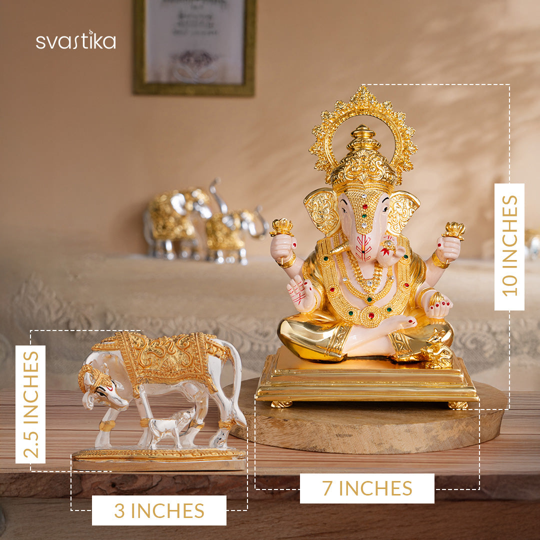 Kamdhenu Cow with Calf Idol - Gold & Silver Plated (2.5 Inch) & Dagdusheth Halwai Ganpati Murti - Gold Plated (10 Inch) – Combo