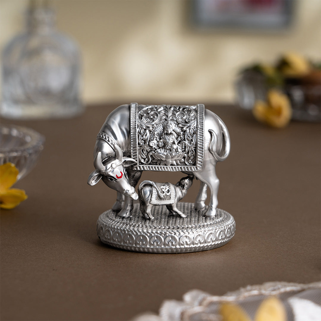 Silver plated  Kamdhenu Cow with Calf Idol | 2.5 Inch