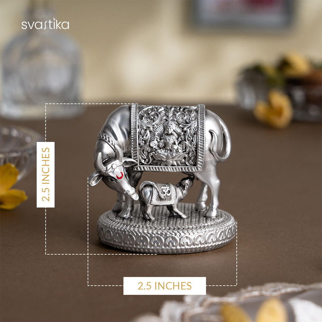 Silver plated  Kamdhenu Cow with Calf Idol | 2.5 Inch