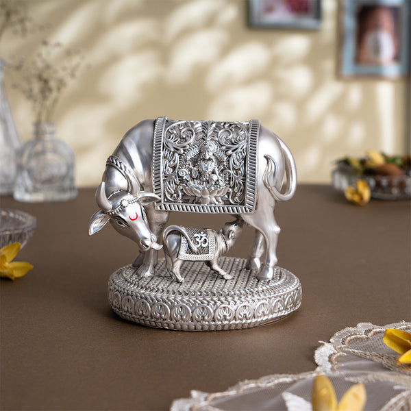 Silver plated Kamdhenu Cow with Calf Idol | 4.5 Inch