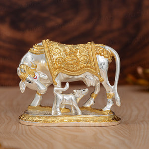 Kamdhenu Cow with Calf Idol - Gold & Silver Plated (5 Inch)