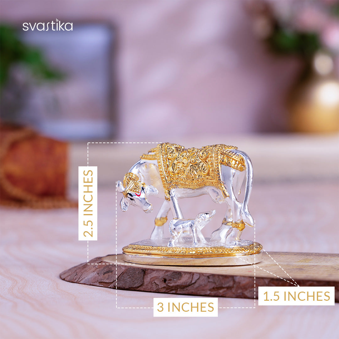 Kamdhenu Cow with Calf Idol - Gold & Silver Plated (2.5 inch)