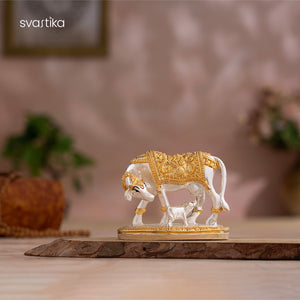 Kamdhenu Cow with Calf Idol - Gold & Silver Plated (2.5 inch)