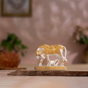 Kamdhenu Cow with Calf Idol - Gold & Silver Plated (2.5 inch)