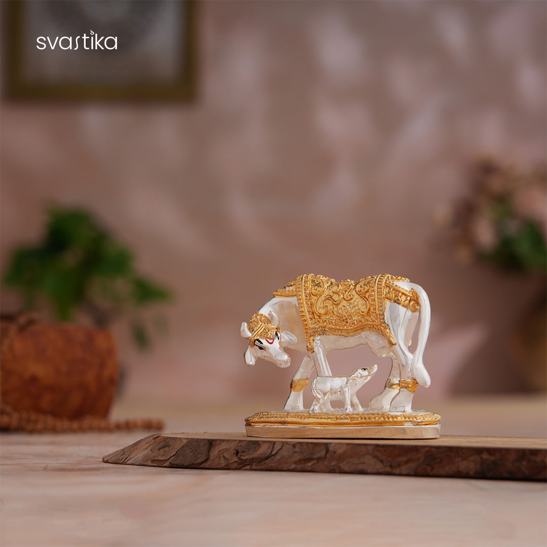 gold silver Kamdhenu Cow with Calf murti