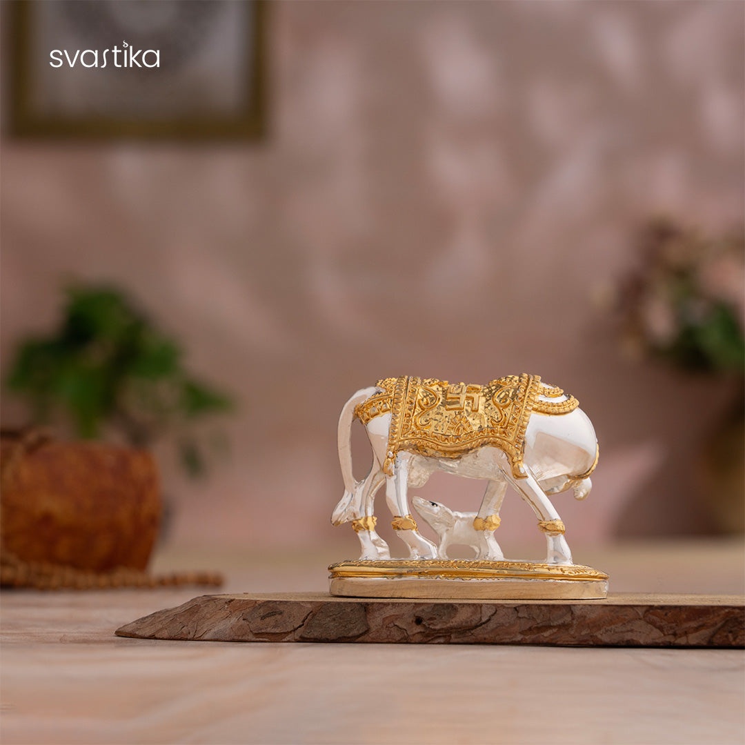 gold silver Kamdhenu Cow with Calf statue