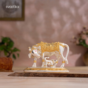 Kamdhenu Cow with Calf Idol - Gold & Silver Plated (3.5 Inch)