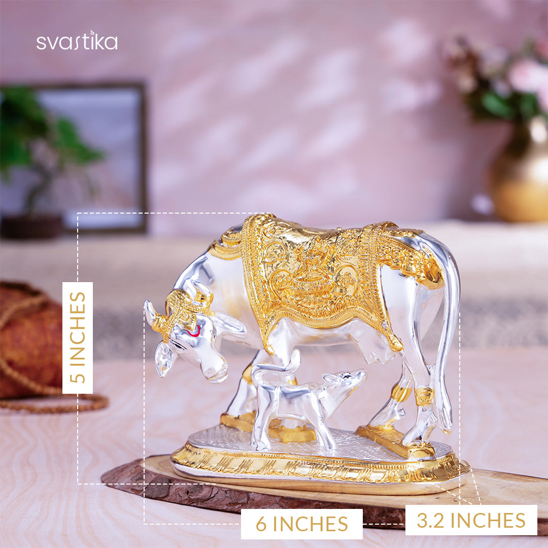 Kamdhenu Cow with Calf Idol - Gold & Silver Plated (5 Inch)