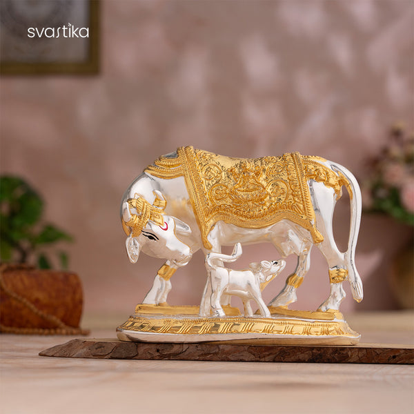 Kamdhenu Cow with Calf Idol - Gold & Silver Plated (5 Inch)