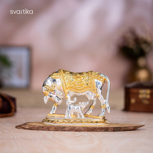 Kamdhenu Cow with Calf Idol - Gold & Silver Plated (2.5 inch)