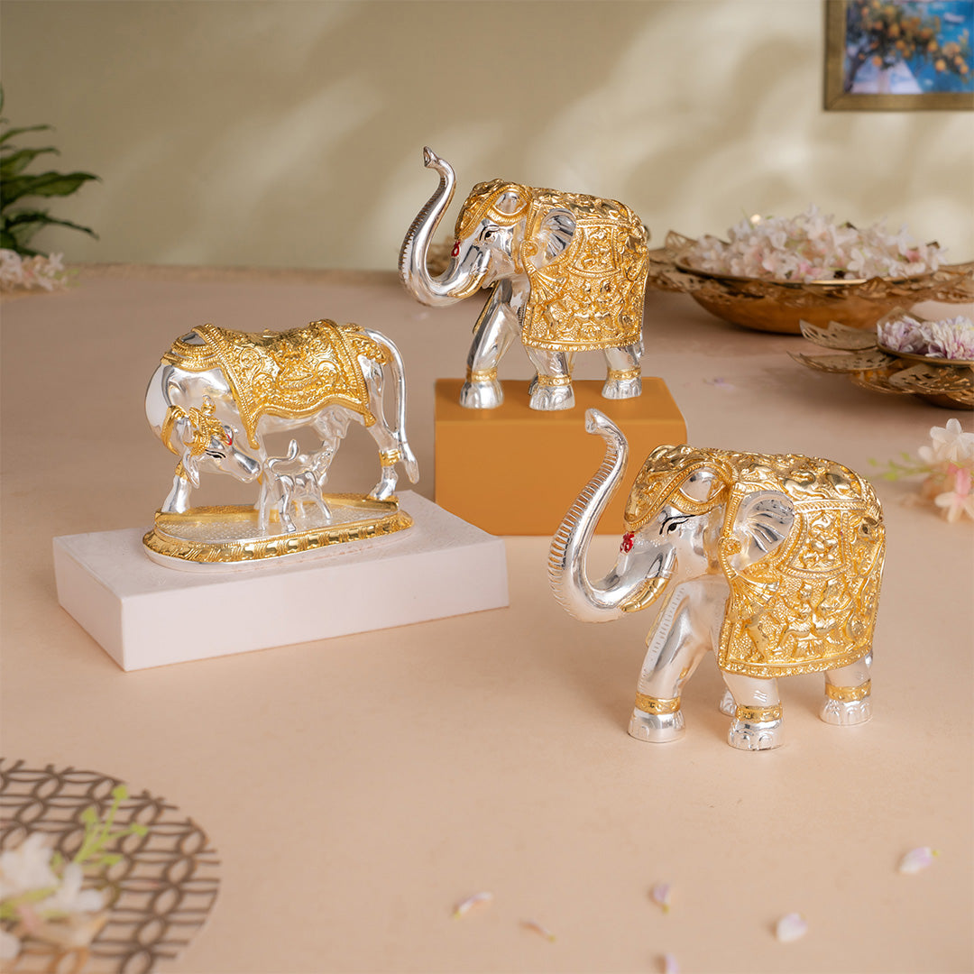Kamdhenu Cow with Calf Idol - Gold & Silver Plated (5 Inch) with TrunkUp Elephant Pair - Gold & Silver Plated (6 Inch) - Combo