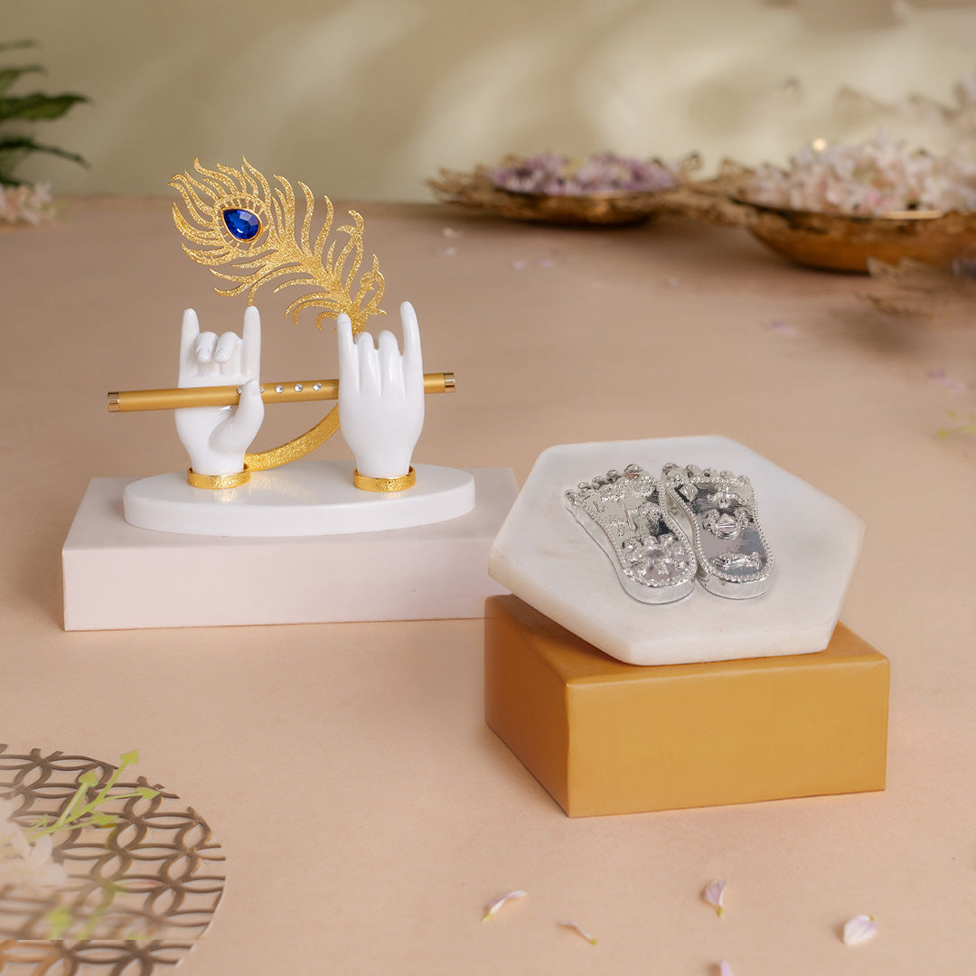 Lord Krishna's Divine Hands Idol - Gold Plated (7 Inch) with Shree Krishna's Charan Paduka (Lotus Feet) - Silver Plated (3 Inch) - Combo