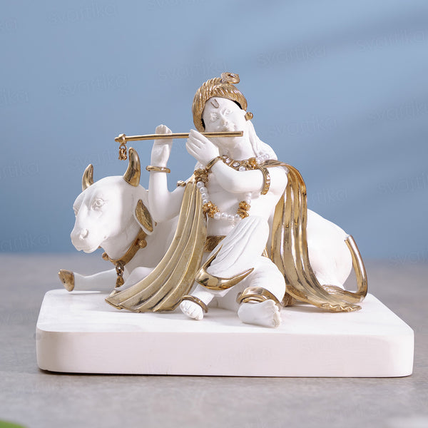 Luxurious White & Gold Lord Krishna With Cow Idol (5.5 Inch)