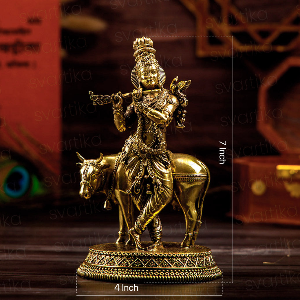 Brass Shri Krishna with Calf Statue 7 inch 