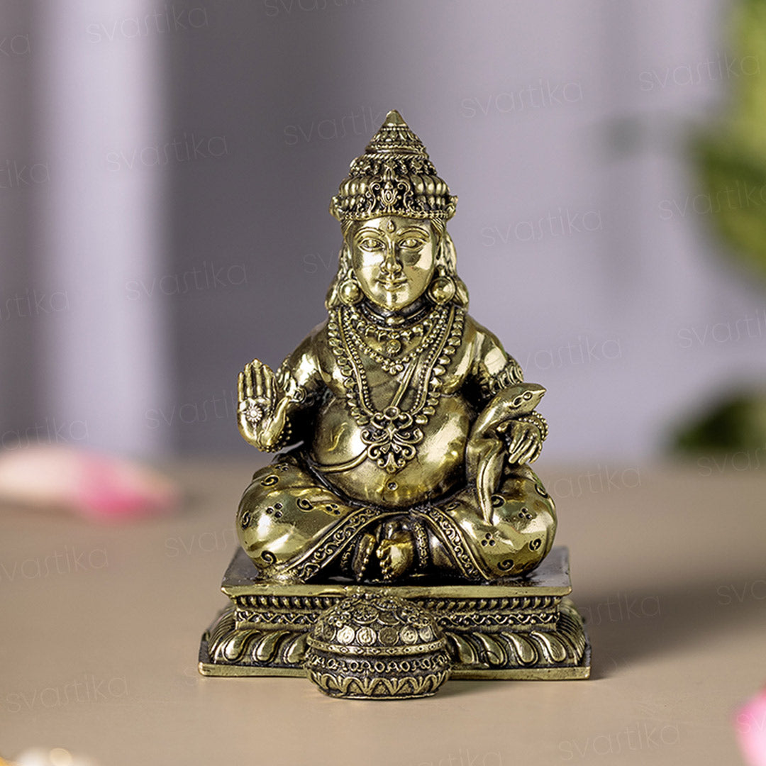 Lord Kubera Statue with Mongoose | 5" Inch Brass Kuber Devta Idol