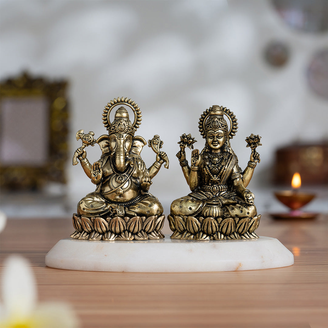 seated ganesh lakshmi brass murti pair