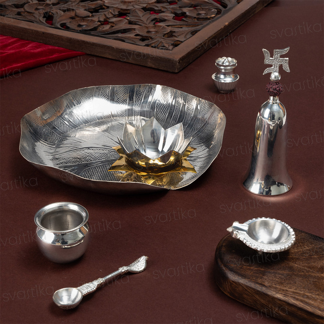 Lotus Leaf Pooja Thali Set - Silver Plated (10 Inch)