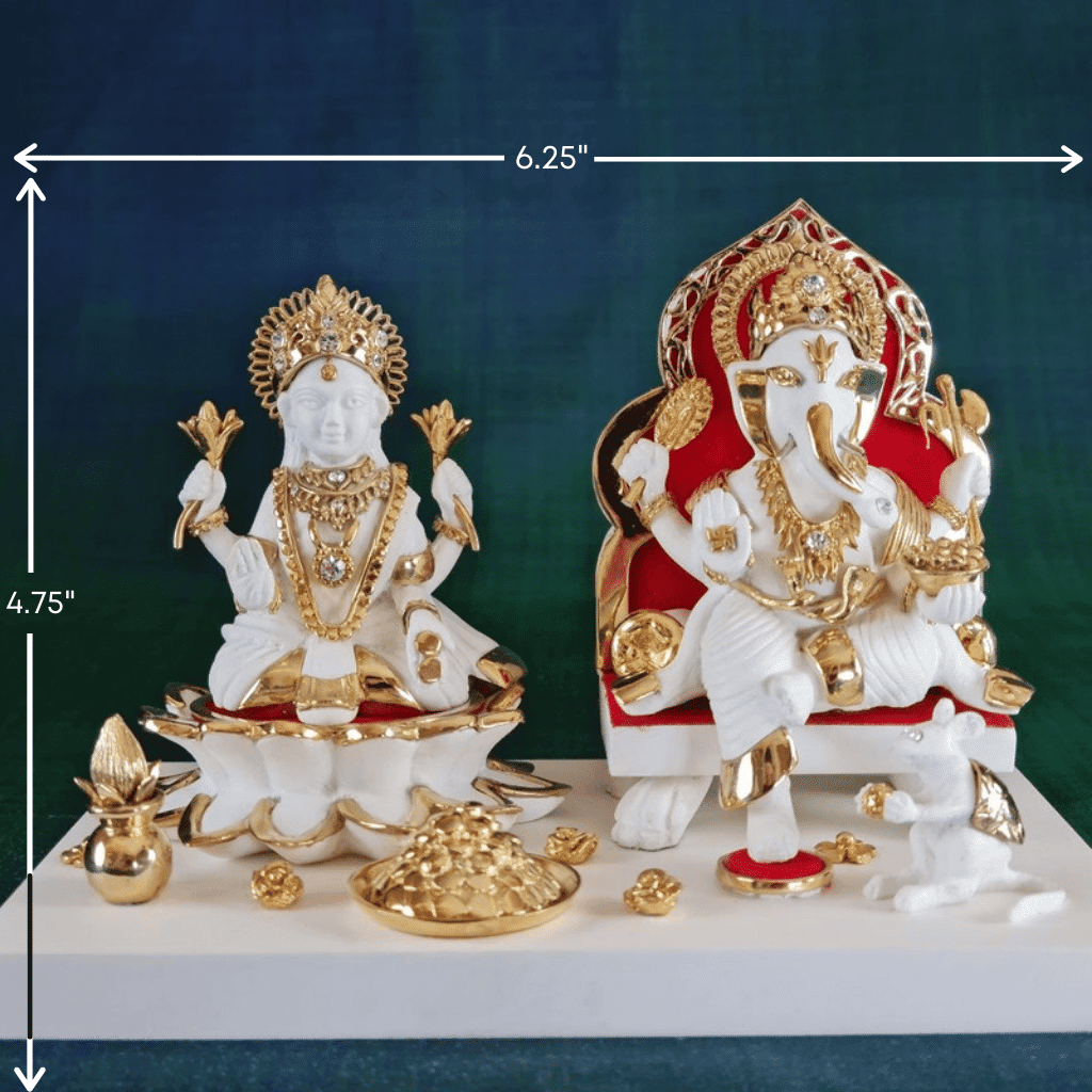 Svastika Beautiful White & Gold Lakshmi Ganesh Murti | 24 Karat Gold Plated (6 inch)