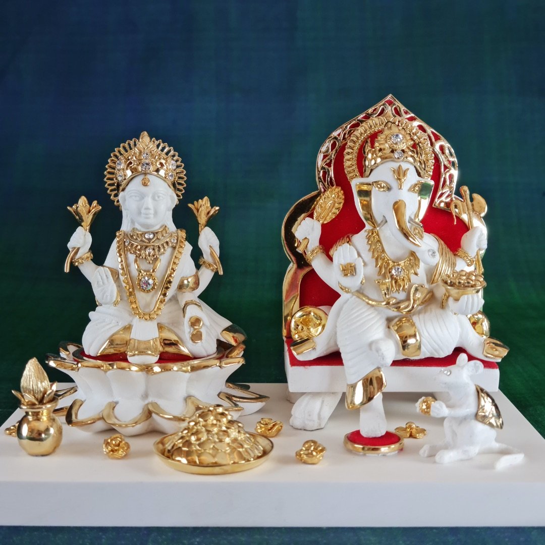 Svastika Beautiful White & Gold Lakshmi Ganesh Murti | 24 Karat Gold Plated (6 inch)