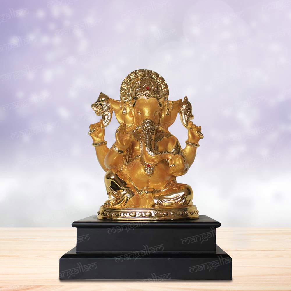 Golden Sitting Four-Armed Lord Ganesha Murti (12 Inch)